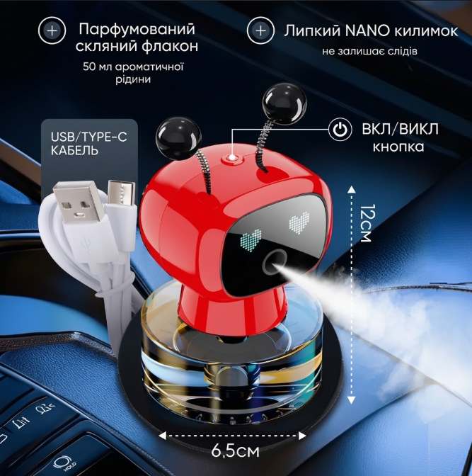 Ароматизатор-робот — кабель Type-C, анти-ковзкий килимок, флакон з ароматизатором, розміри 12 × 6,5 см